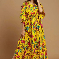 Yellow Bird Print Indian Cotton Kaftan - Long Maxi Dress, 100% Soft Cotton Beach Cover Up & Loungewear