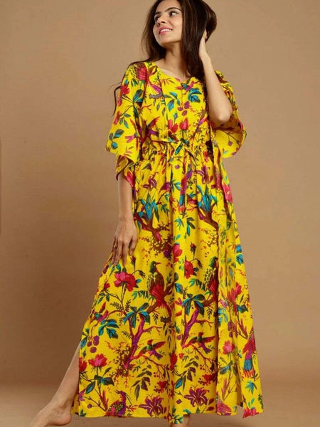 Yellow Bird Print Indian Cotton Kaftan - Long Maxi Dress, 100% Soft Cotton Beach Cover Up & Loungewear