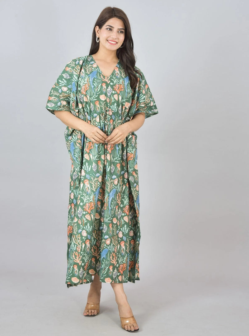 Green Sea Floral Print Cotton Kaftan with Pocket - Women's Beach Cover Up & Summer Loungewear