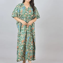Green Sea Floral Print Cotton Kaftan with Pocket - Women's Beach Cover Up & Summer Loungewear