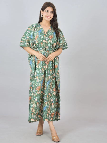 Green Sea Floral Print Cotton Kaftan with Pocket - Women's Beach Cover Up & Summer Loungewear