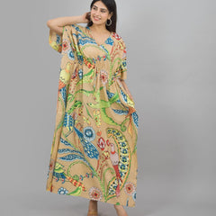 Handmade Indian Cotton Kaftan - Birds and Flower Print | Hand Block Printed Caftan Dress