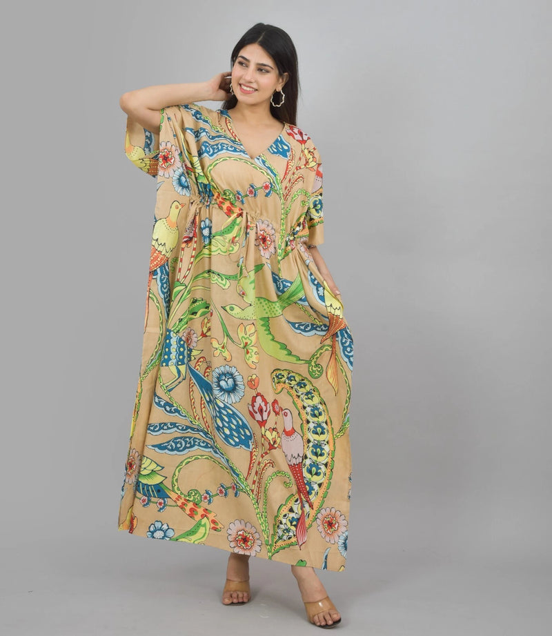 Handmade Indian Cotton Kaftan - Birds and Flower Print | Hand Block Printed Caftan Dress