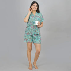 100% Pure Cotton Women's Floral Print Shorts Night Suit Set - Green Hand Block Printed Sleepwear