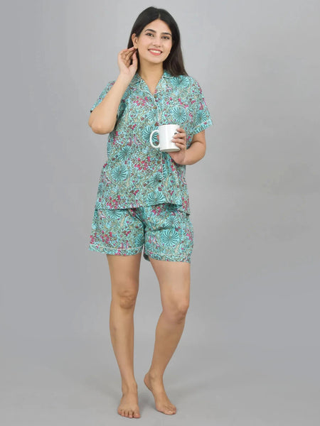 100% Pure Cotton Women's Floral Print Shorts Night Suit Set - Green Hand Block Printed Sleepwear