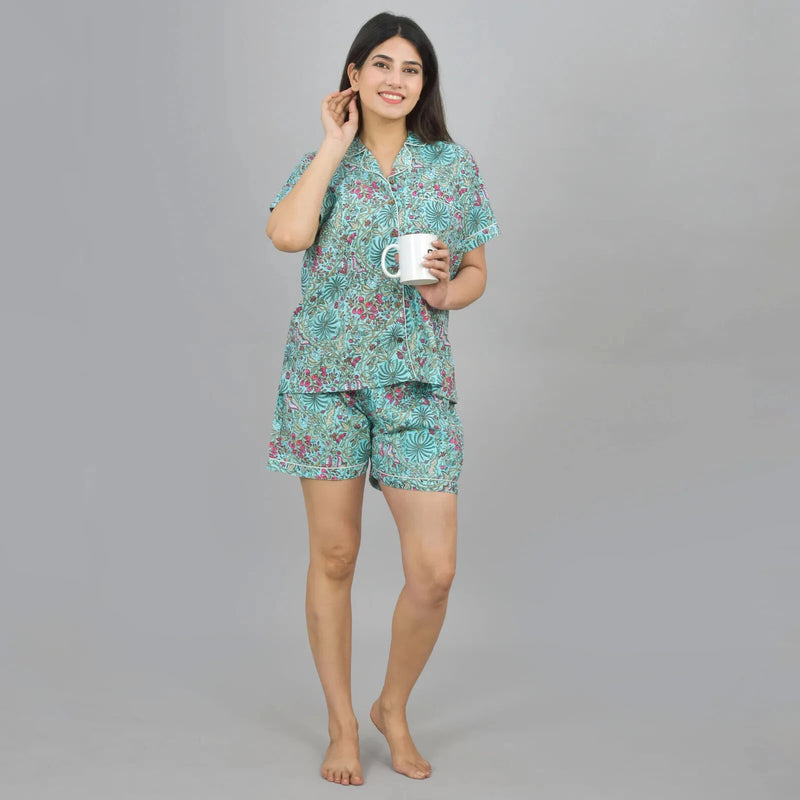 100% Pure Cotton Women's Floral Print Shorts Night Suit Set - Green Hand Block Printed Sleepwear