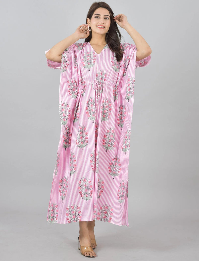 Pink Floral Cotton Kaftan with White Stripes & Pocket Lightweight Loungewear for Women & Girls