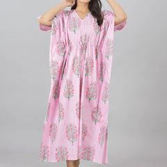 Pink Floral Cotton Kaftan with White Stripes & Pocket Lightweight Loungewear for Women & Girls