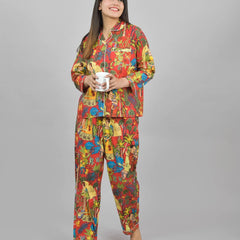 100% Pure Cotton Frida Print Pajama Set Hand Block Printed Orange Loungewear for Women