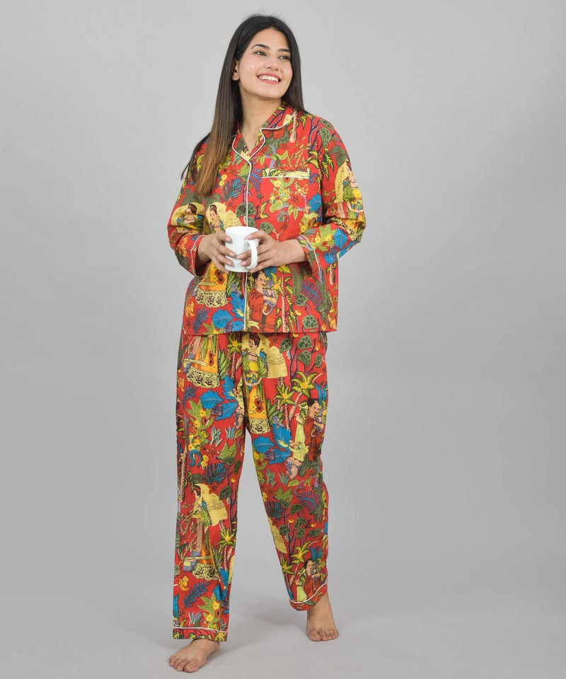 100% Pure Cotton Frida Print Pajama Set Hand Block Printed Orange Loungewear for Women
