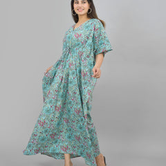 Green Floral Print Indian Cotton Kaftan Maxi Dress, Boho Beach Cover Up, Lightweight Summer Loungewear