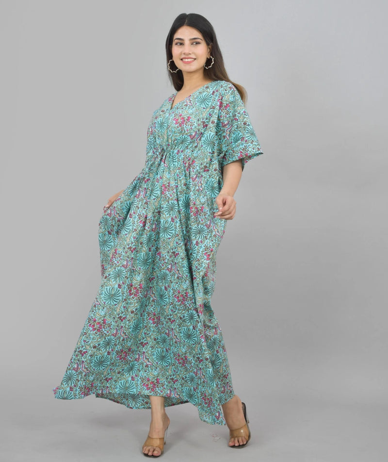 Green Floral Print Indian Cotton Kaftan Maxi Dress, Boho Beach Cover Up, Lightweight Summer Loungewear