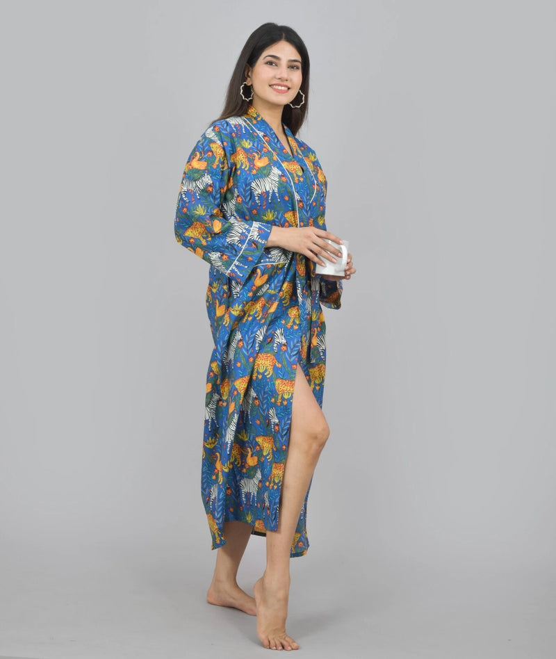 Print Cotton Kimono Robe Dressing Gown | Animal Print 100% Cotton Kimono Robe | Block Print Bridesmaid Robe Collection