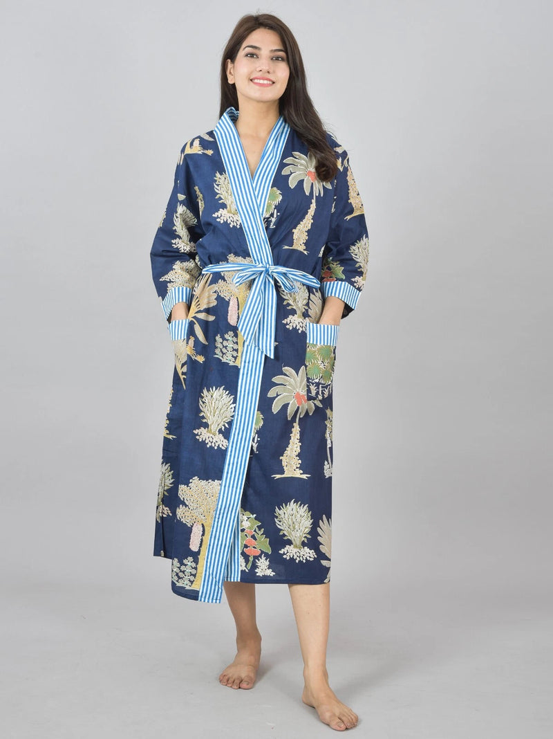 Floral Print Cotton Kimono Robe Dressing Gown - Hand Block Print 100% Cotton Bridesmaid Bathrobe with Pocket, Royal Blue Kimono Robe for Women