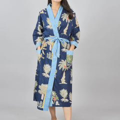 Floral Print Cotton Kimono Robe Dressing Gown - Hand Block Print 100% Cotton Bridesmaid Bathrobe with Pocket, Royal Blue Kimono Robe for Women
