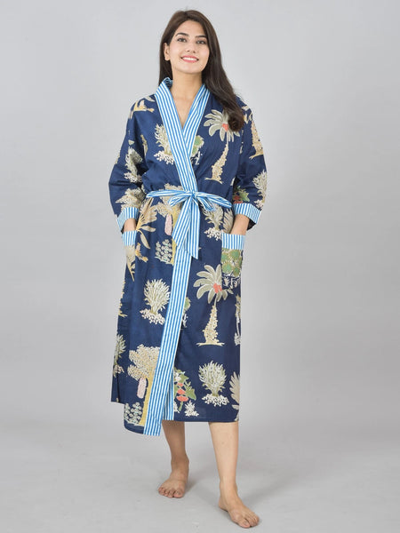Floral Print Cotton Kimono Robe Dressing Gown - Hand Block Print 100% Cotton Bridesmaid Bathrobe with Pocket, Royal Blue Kimono Robe for Women