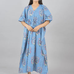 Blue Floral Cotton Kaftan with White Stripes & Pocket - Comfortable Loungewear for Women & Girls