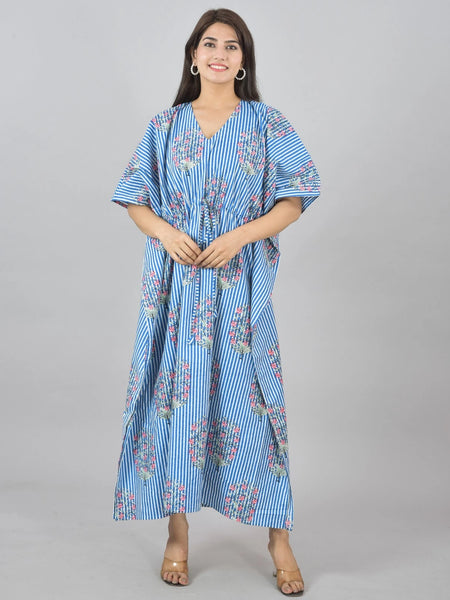 Blue Floral Cotton Kaftan with White Stripes & Pocket - Comfortable Loungewear for Women & Girls