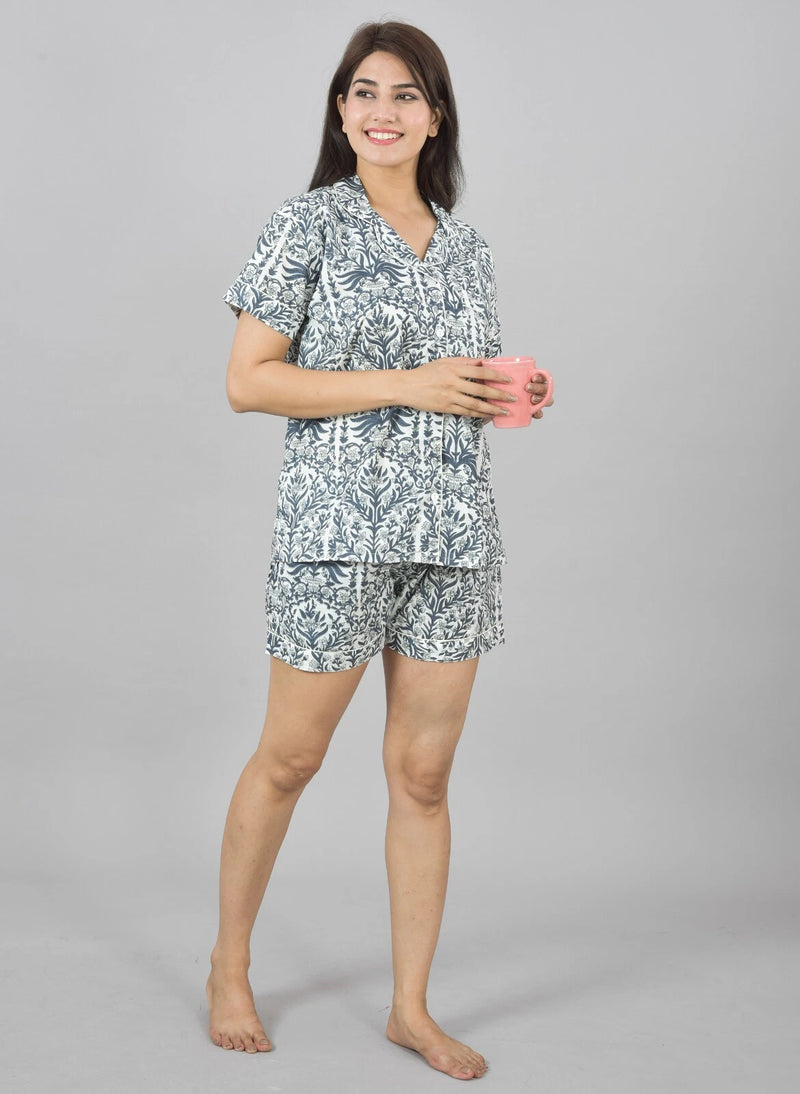 100% Pure Cotton Women's Flower Print Shorts Night Suit Set | Grey Loungewear for Comfort & Style
