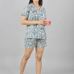 100% Pure Cotton Women's Flower Print Shorts Night Suit Set | Grey Loungewear for Comfort & Style