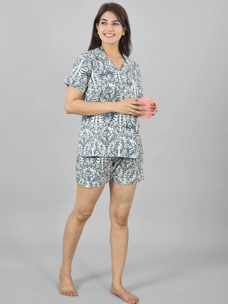 100% Pure Cotton Women's Flower Print Shorts Night Suit Set | Grey Loungewear for Comfort & Style