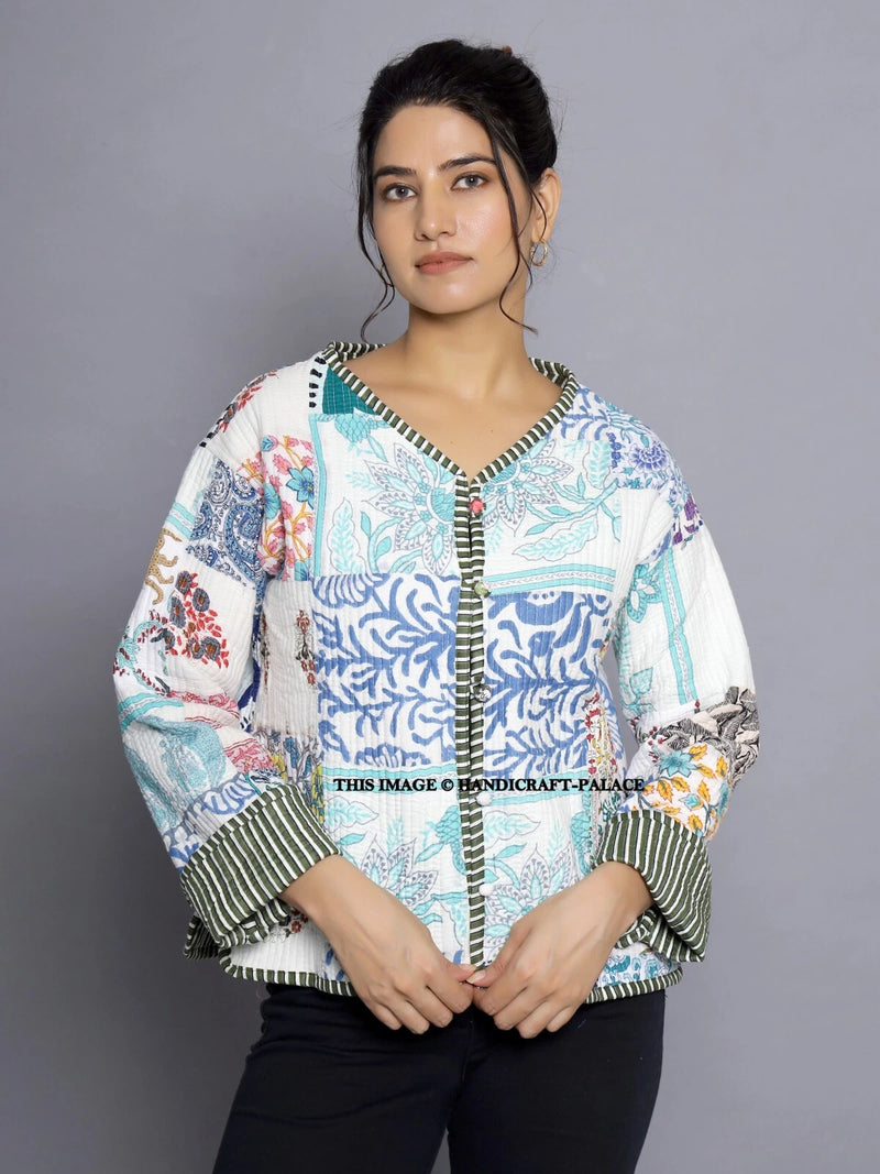 Women Cotton Quilted Patchwork Reversible Winter White Jacket