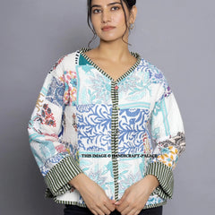 Women Cotton Quilted Patchwork Reversible Winter White Jacket