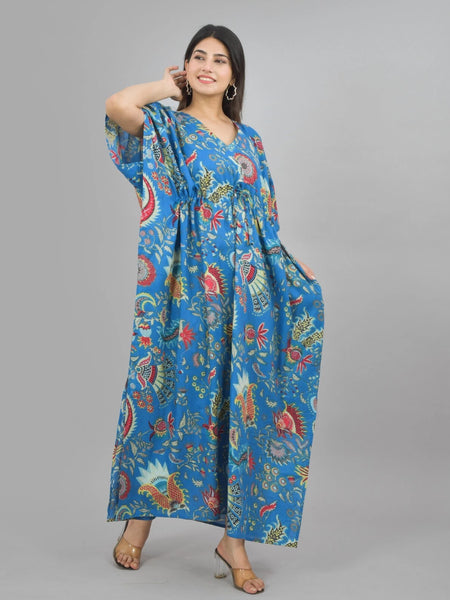 blue Flower Print Cotton Kaftan Dress - Block Printed Women's Caftan, Beach Cover Up, Lightweight Loungewear