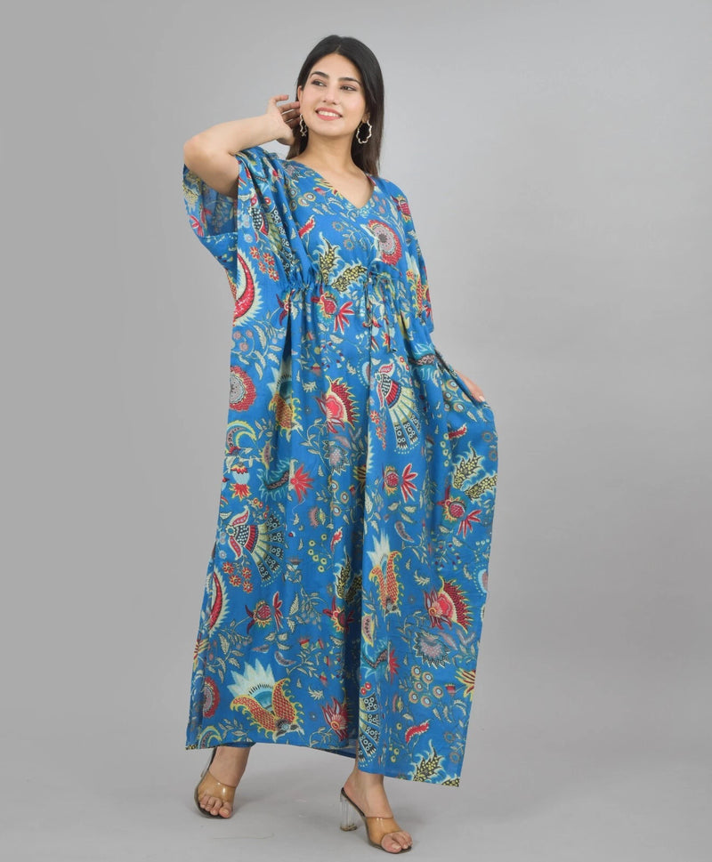 blue Flower Print Cotton Kaftan Dress - Block Printed Women's Caftan, Beach Cover Up, Lightweight Loungewear
