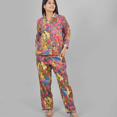 100% Pure Cotton Frida Print Pajama Set Soft Pink Cotton Pants & Shirt Set for Women