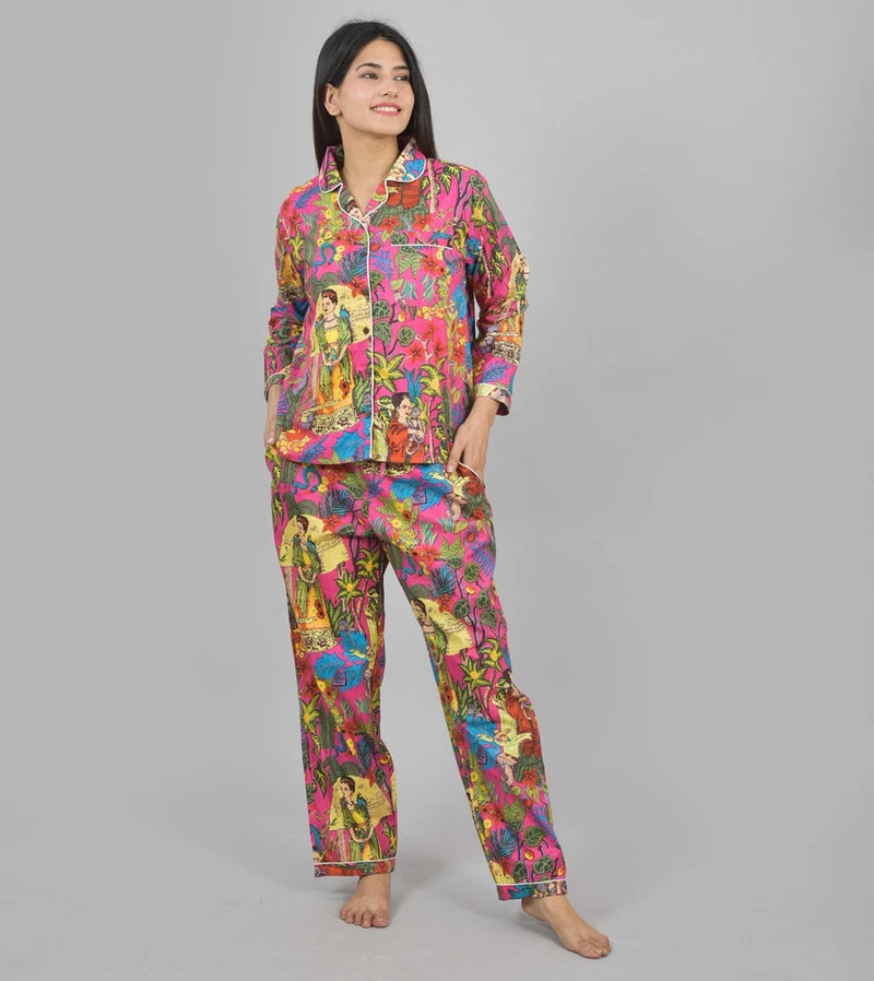100% Pure Cotton Frida Print Pajama Set Soft Pink Cotton Pants & Shirt Set for Women