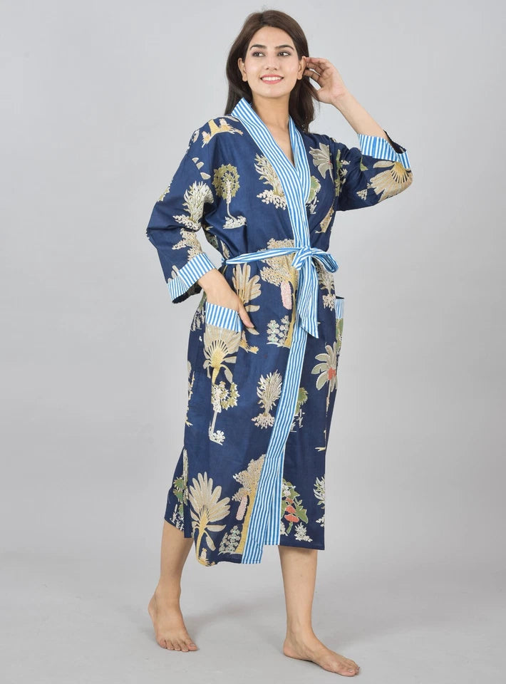 Floral Print Cotton Kimono Robe Dressing Gown - Hand Block Print 100% Cotton Bridesmaid Bathrobe with Pocket, Royal Blue Kimono Robe for Women