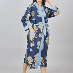 Floral Print Cotton Kimono Robe Dressing Gown - Hand Block Print 100% Cotton Bridesmaid Bathrobe with Pocket, Royal Blue Kimono Robe for Women