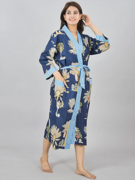 Floral Print Cotton Kimono Robe Dressing Gown - Hand Block Print 100% Cotton Bridesmaid Bathrobe with Pocket, Royal Blue Kimono Robe for Women
