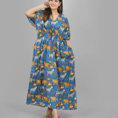 Blue Zebra & Tiger Print Cotton Kaftan Set - 100% Pure Cotton Loungewear, Boho Maxi Dress for Women