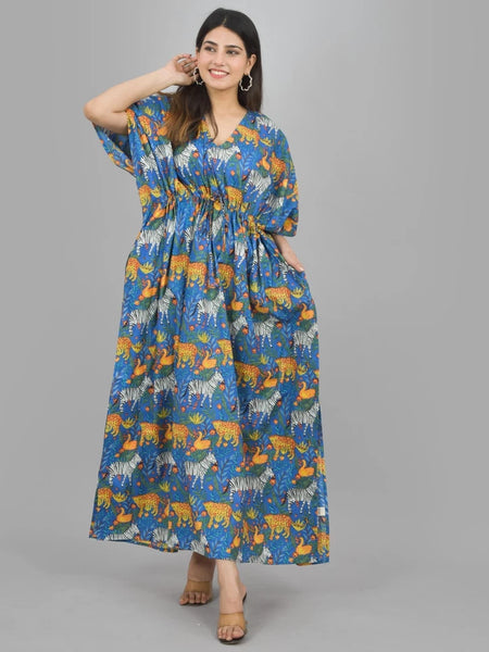 Blue Zebra & Tiger Print Cotton Kaftan Set - 100% Pure Cotton Loungewear, Boho Maxi Dress for Women
