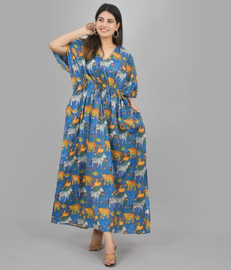 Blue Zebra & Tiger Print Cotton Kaftan Set - 100% Pure Cotton Loungewear, Boho Maxi Dress for Women