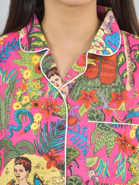 100% Pure Cotton Frida Print Pajama Set Soft Pink Cotton Pants & Shirt Set for Women