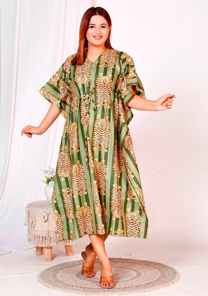 Green Tiger Print Indian Cotton Kaftan - Long Maxi Dress, Beach Cover Up, 100% Soft Cotton