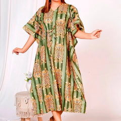 Green Tiger Print Indian Cotton Kaftan - Long Maxi Dress, Beach Cover Up, 100% Soft Cotton