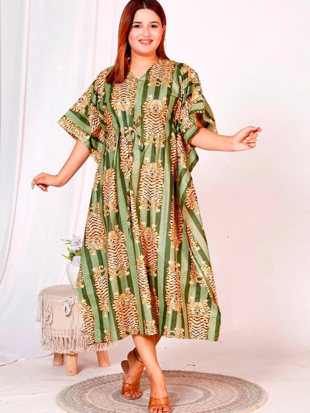 Green Tiger Print Indian Cotton Kaftan - Long Maxi Dress, Beach Cover Up, 100% Soft Cotton