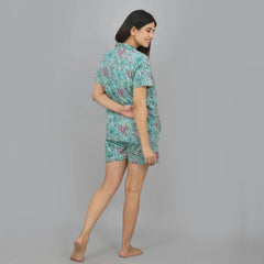 100% Pure Cotton Women's Floral Print Shorts Night Suit Set - Green Hand Block Printed Sleepwear