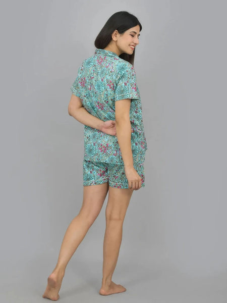 100% Pure Cotton Women's Floral Print Shorts Night Suit Set - Green Hand Block Printed Sleepwear