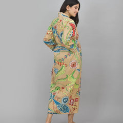 100% Cotton Floral & Bird Print Kimono Robe | Hand Printed Cotton Dressing Gown