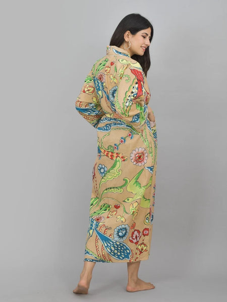 100% Cotton Floral & Bird Print Kimono Robe | Hand Printed Cotton Dressing Gown