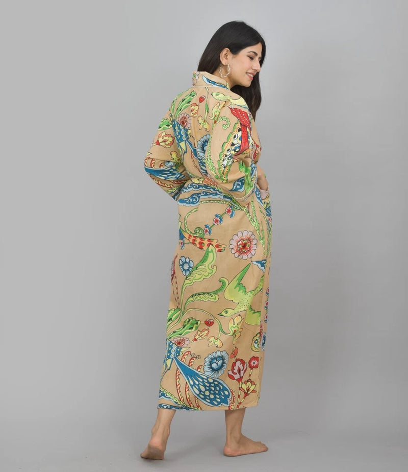 100% Cotton Floral & Bird Print Kimono Robe | Hand Printed Cotton Dressing Gown
