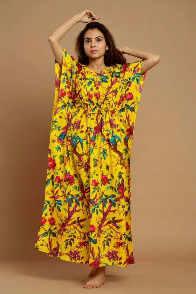 Yellow Bird Print Indian Cotton Kaftan - Long Maxi Dress, 100% Soft Cotton Beach Cover Up & Loungewear