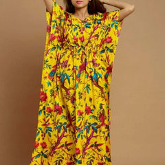 Yellow Bird Print Indian Cotton Kaftan - Long Maxi Dress, 100% Soft Cotton Beach Cover Up & Loungewear