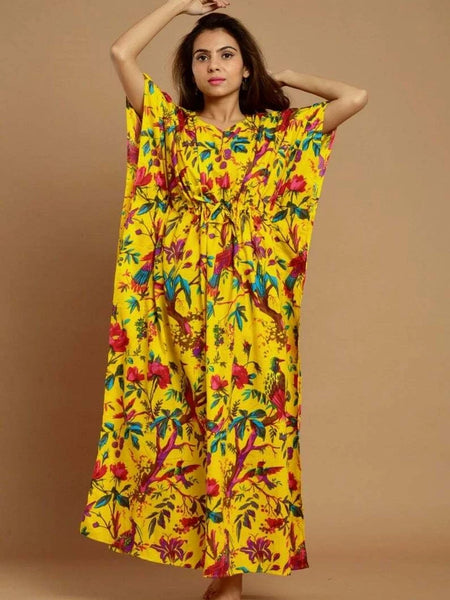 Yellow Bird Print Indian Cotton Kaftan - Long Maxi Dress, 100% Soft Cotton Beach Cover Up & Loungewear