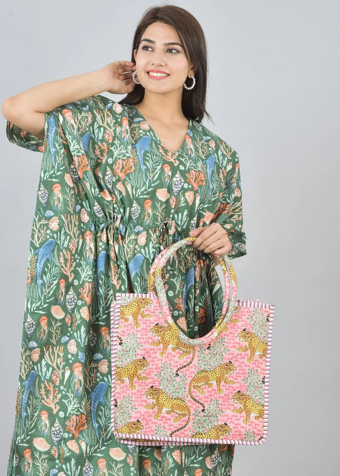 Green Sea Floral Print Cotton Kaftan with Pocket - Women's Beach Cover Up & Summer Loungewear